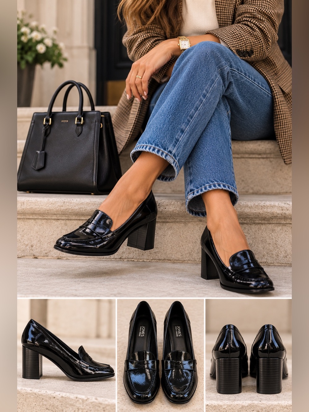 Jones New York Black Patent Leather Penny Loafer Block Heels 10M 90s Style